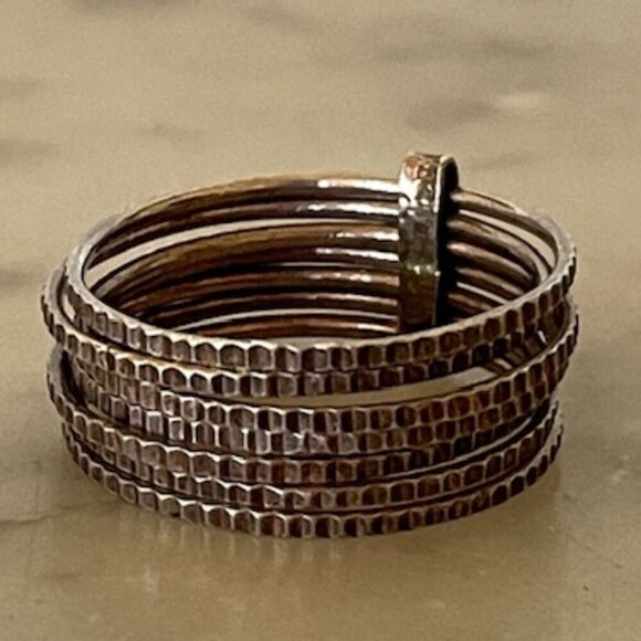 Silver Hammered Stacked 7 Banded Joined Ring Size 6.5 - Picture 3 of 14